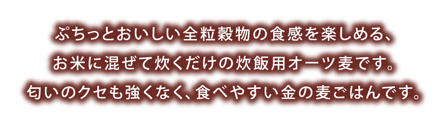 ぷちっとおいしい全粒穀物の食感を楽しめる、お米に混ぜて炊くだけの炊飯用オーツ麦です。匂いのクセも強くなく、食べやすい金の麦ごはんです。
