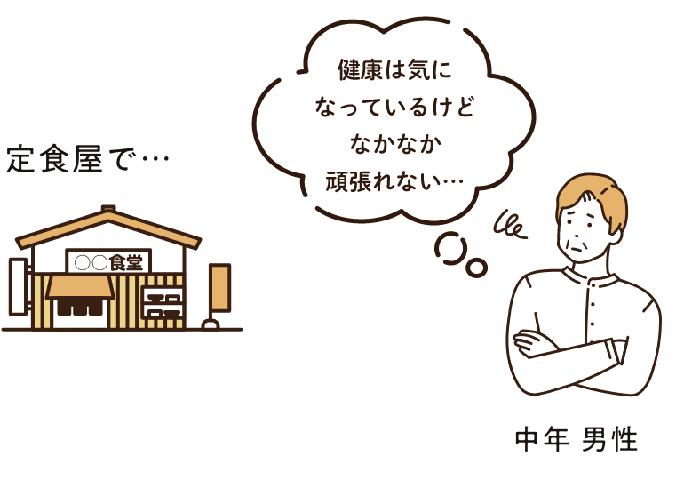 定食屋で… 健康は気になっているけどなかなか頑張れない… 中年 男性