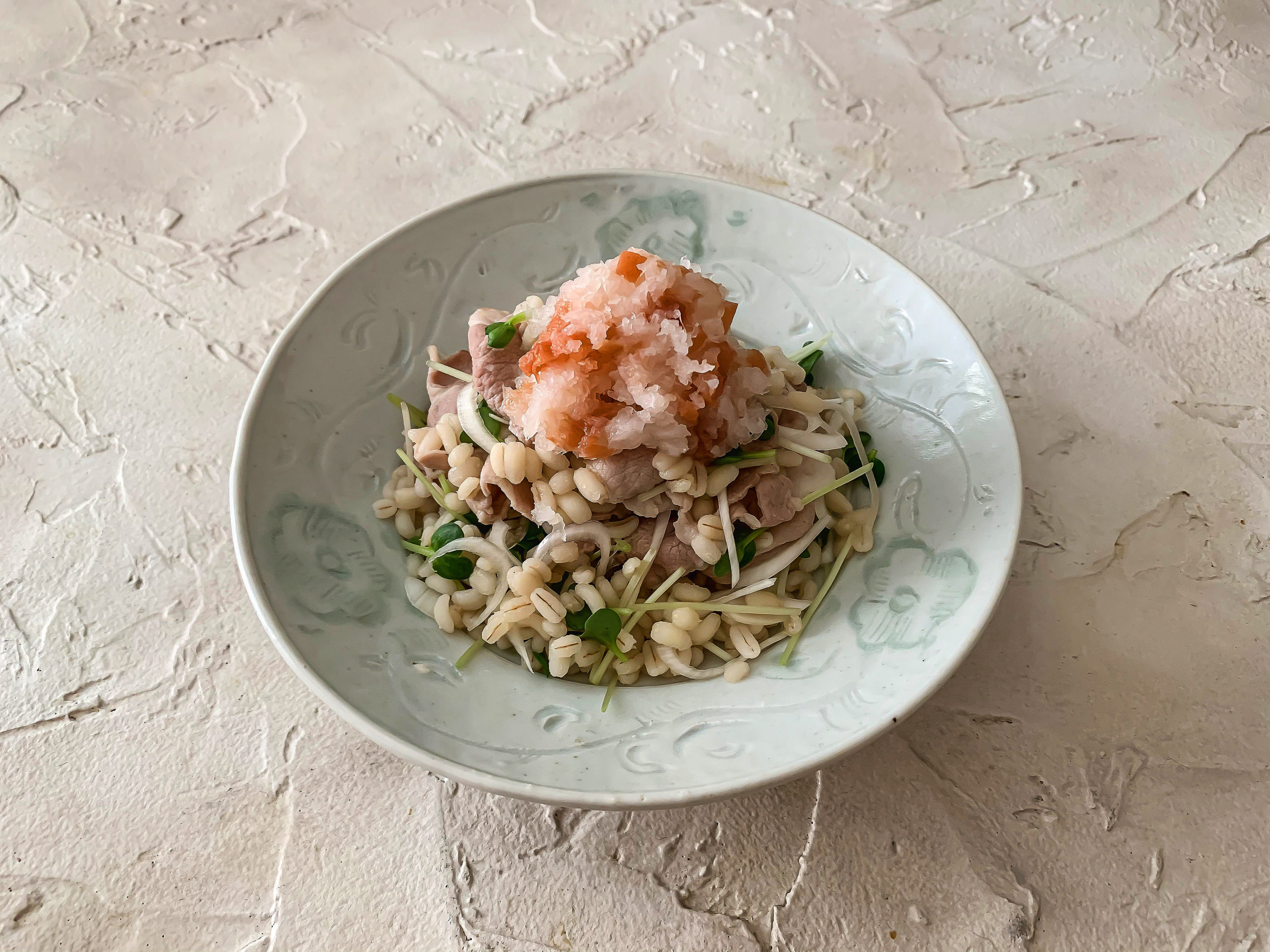 もち麦と豚しゃぶの梅おろし和え レシピ はくばく もち麦と豚しゃぶの梅おろし和え レシピ はくばく